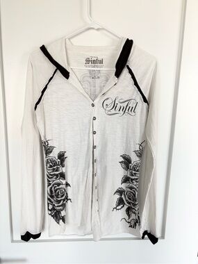 Sinful Y2K Gothic Rose Hoodie Top Button Front Tattoo Grunge Biker Medium